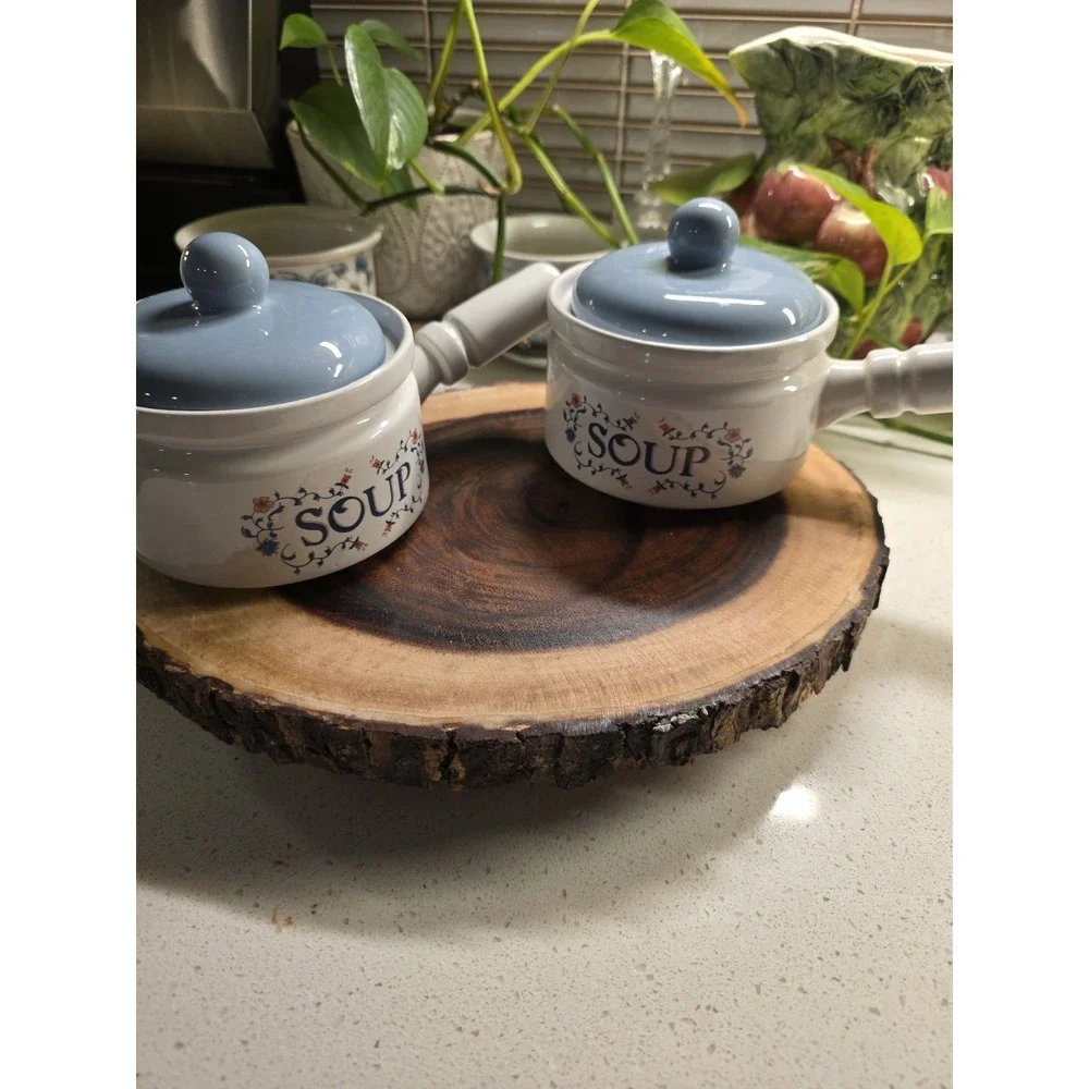 2 Heritage Stoneware Soup Bowl W/Handle Lid Crock Jay Porcelain Flowers